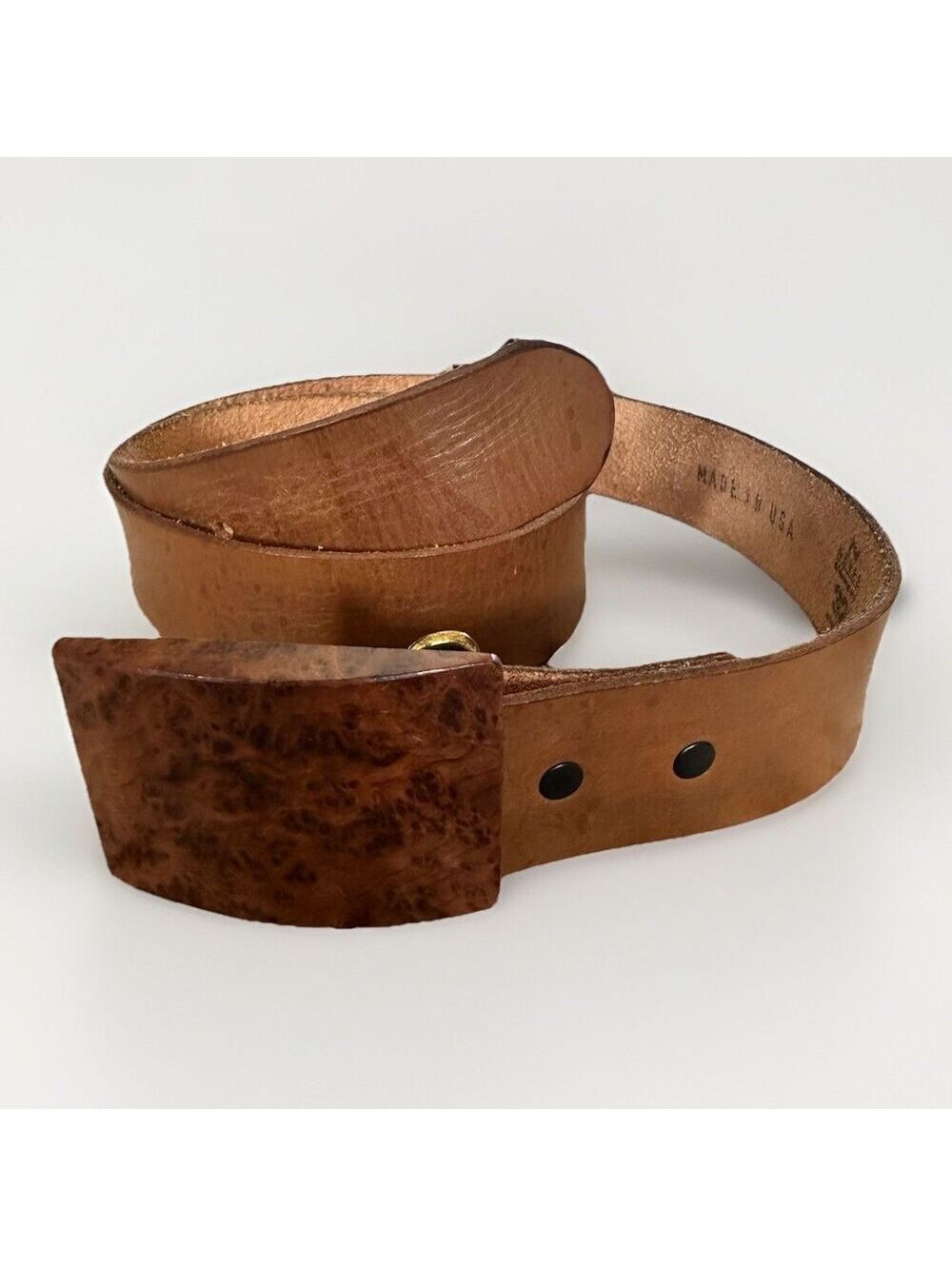 Modern Leather Belt Burl Wood Buckle 32 Neve USA Made Nature Eco Aesthetic